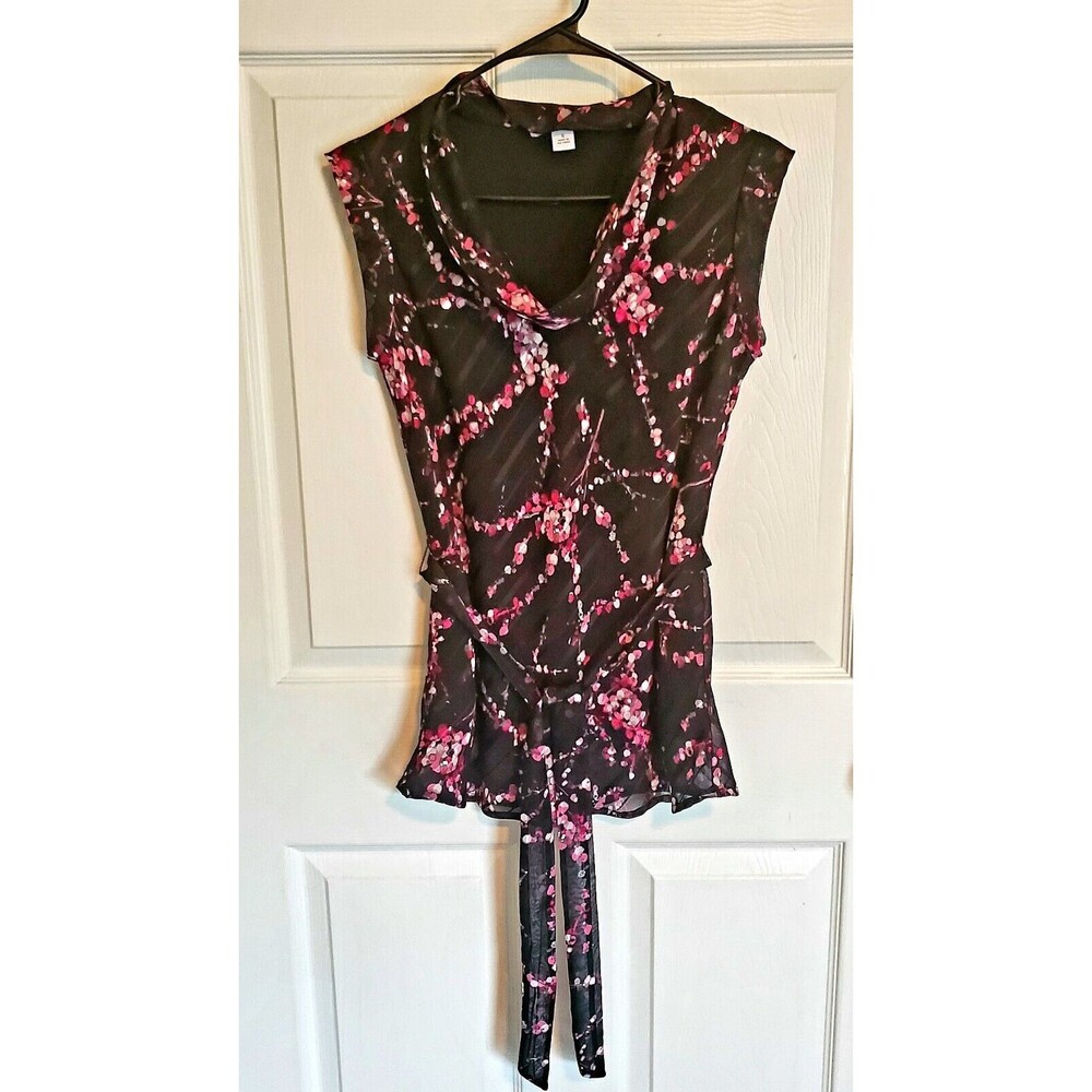 Flowy Black Floral Print Belted Tunic Sheer Cowl Evening Top Size S Dressbarn